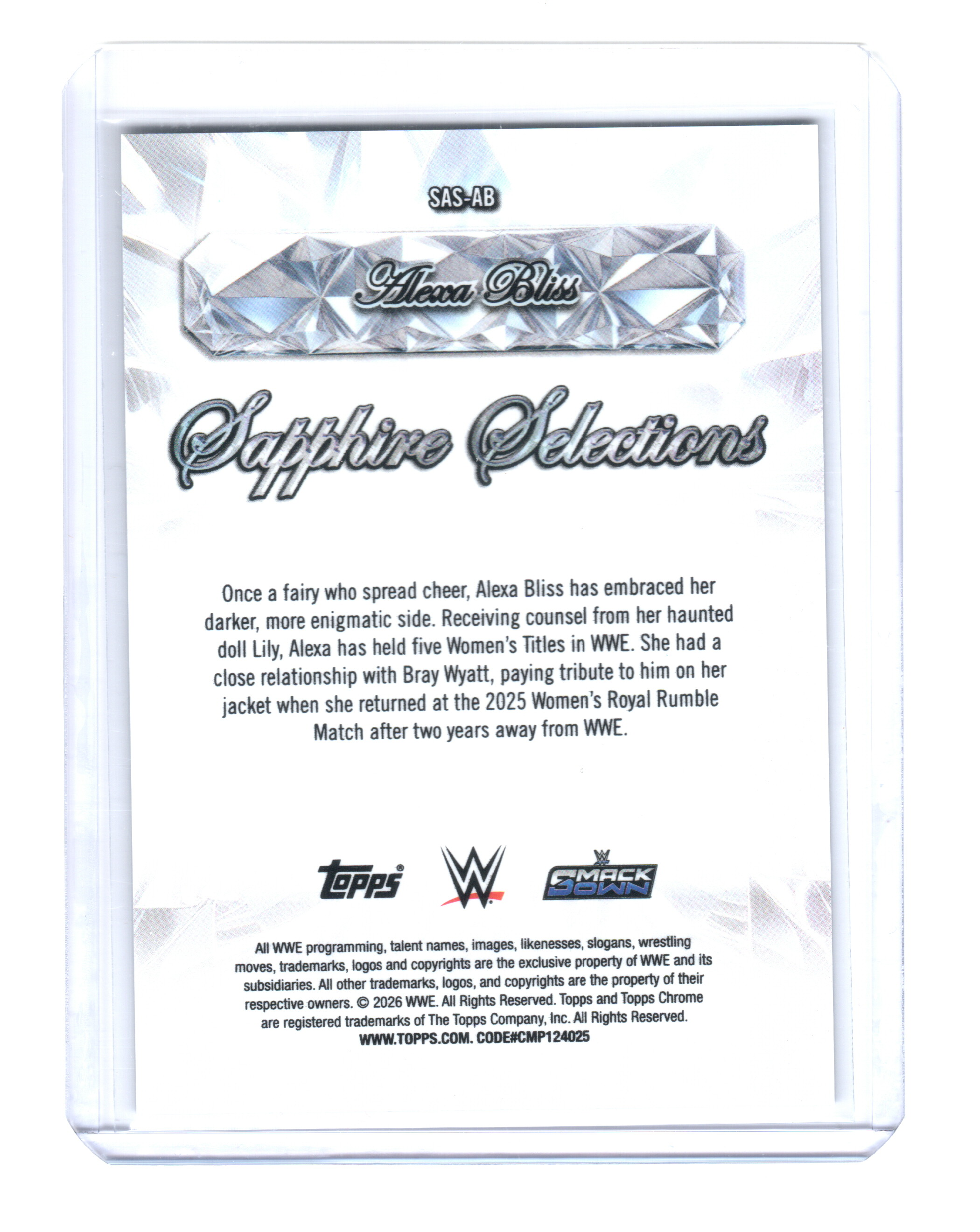 2026 Topps Chrome Sapphire Edition WWE Sapphire Selections #SASAB Alexa Bliss