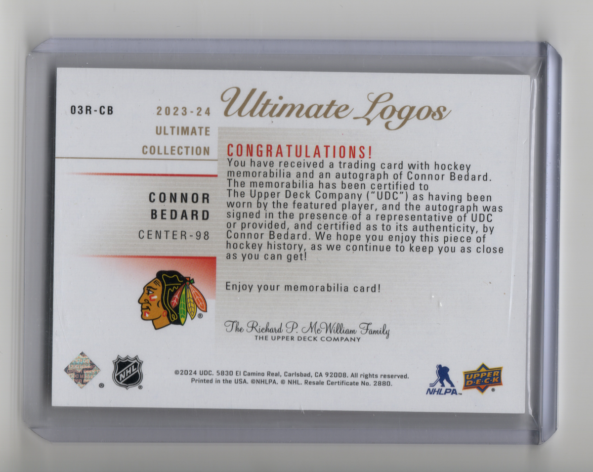 2023/24 Ultimate Collection Ultimate Logos Connor Bedard Patch Auto 25/25