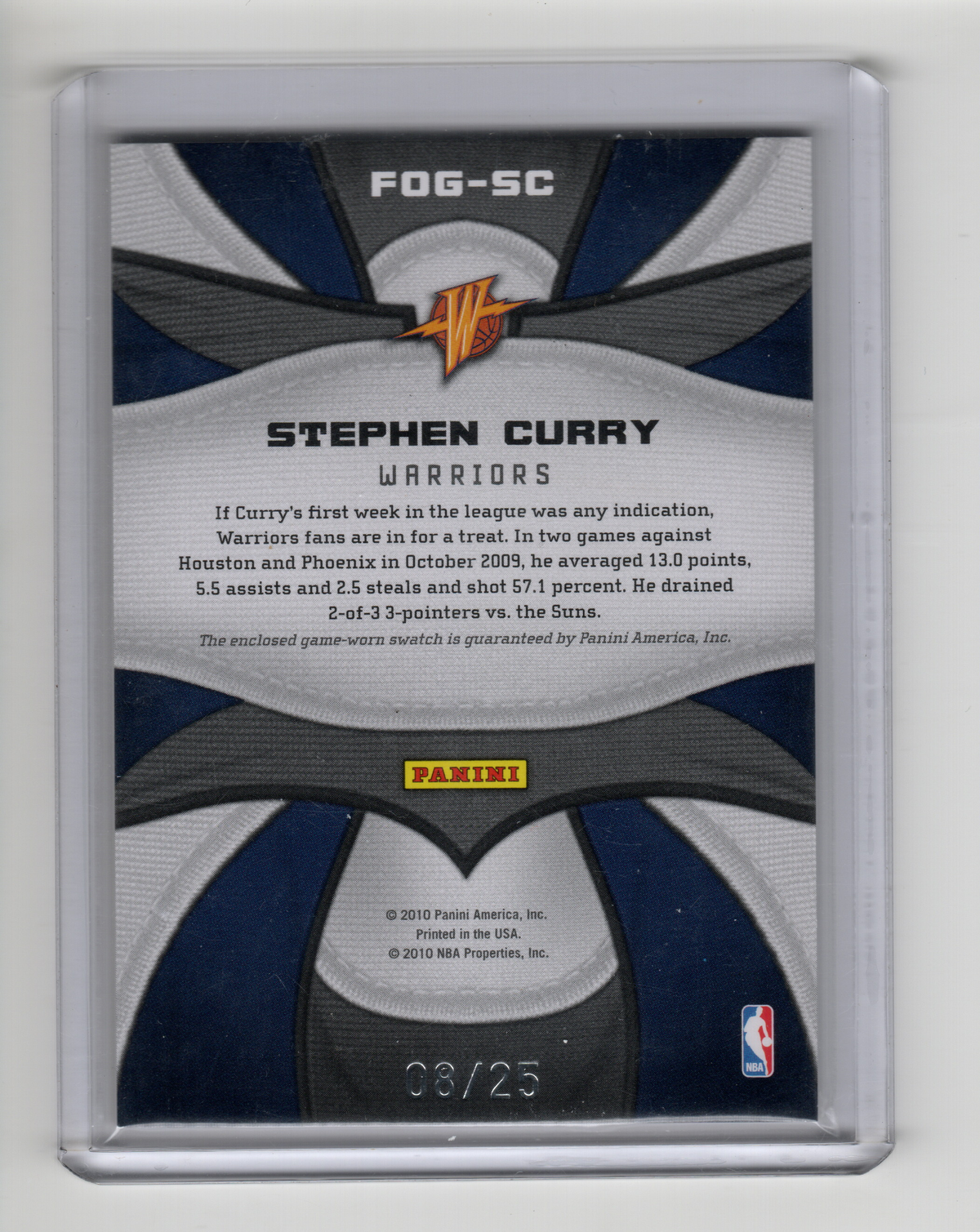 2009/10 Certified Fabric of the Game Stephen Curry Jersey Rookie 08/25