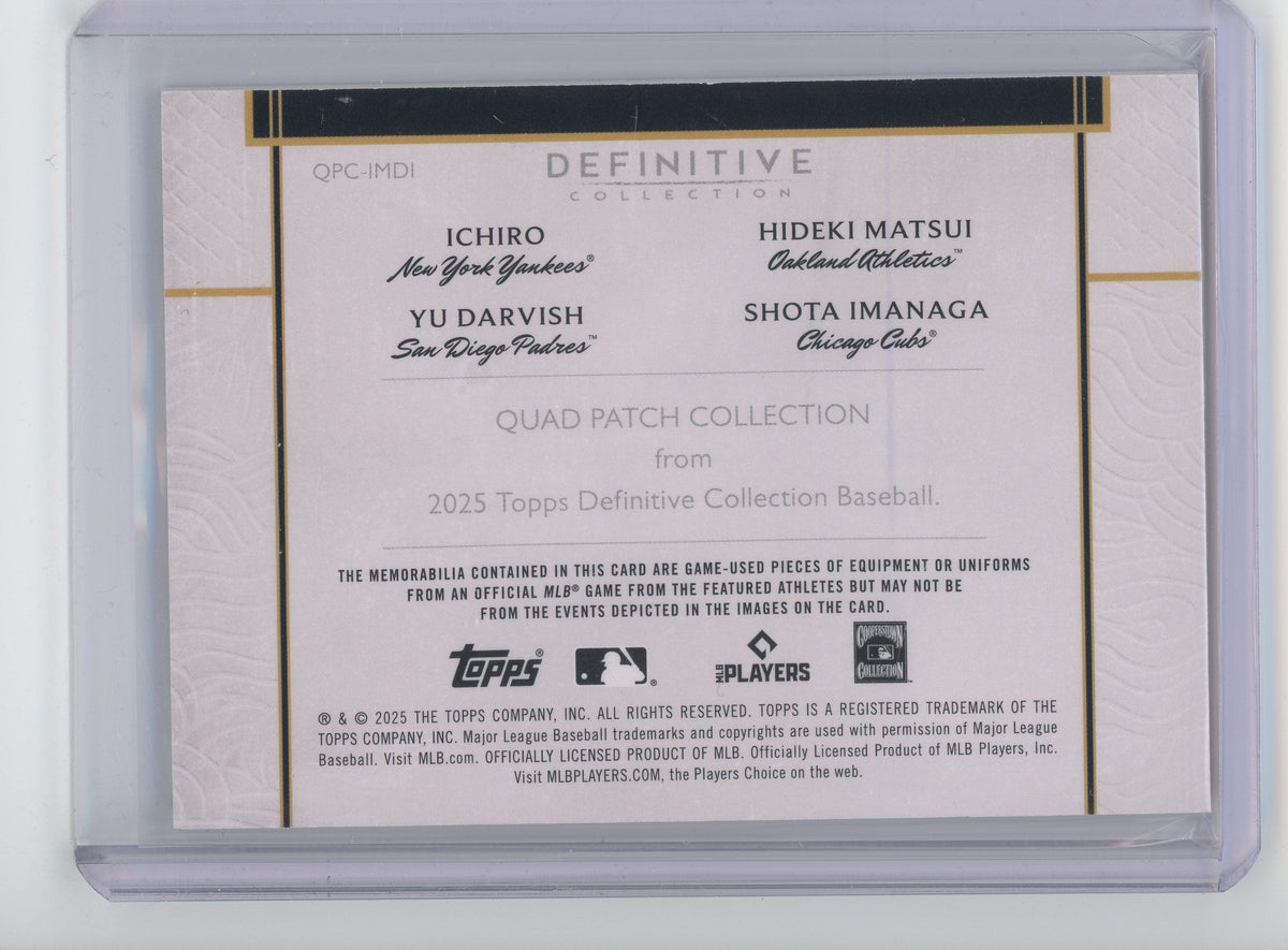 2025 Topps Definitive Quad Game Used Patch Ichiro/Yu Darvish/Hideki Matsui/Shota Imanaga /5