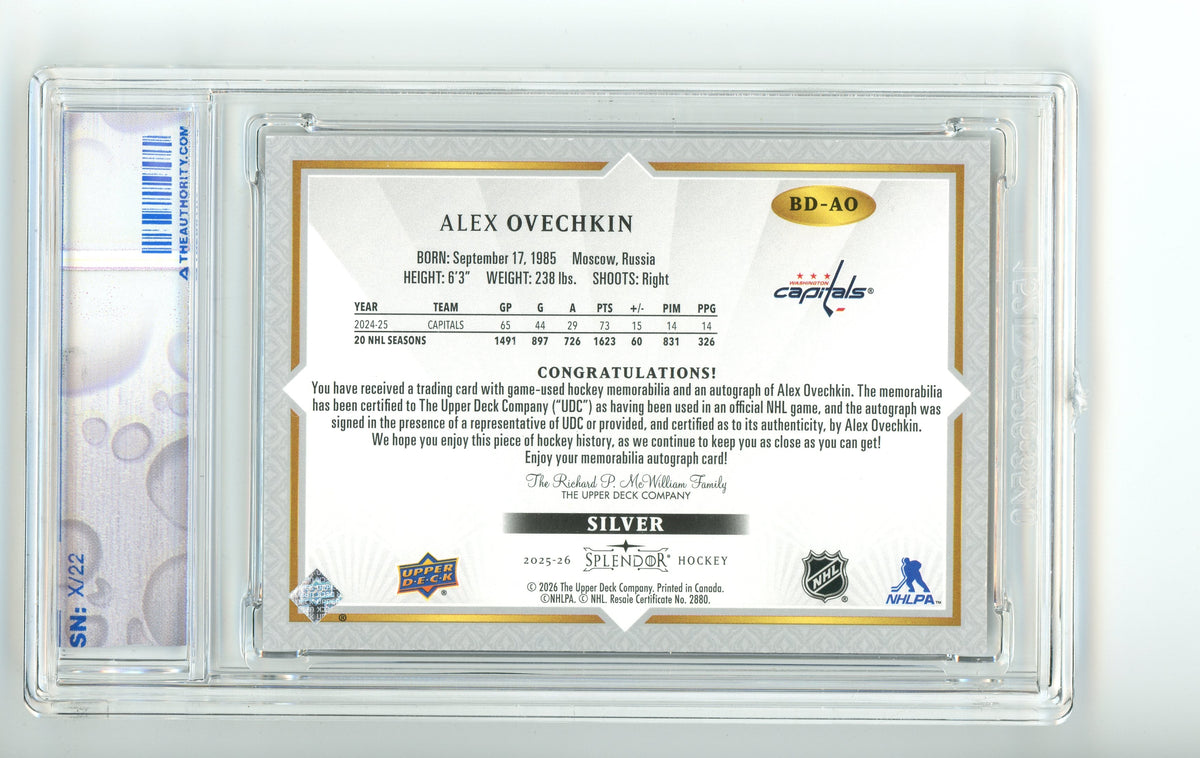 2025/26 UD Splendor Alex Ovechkin Auto Material Silver /22