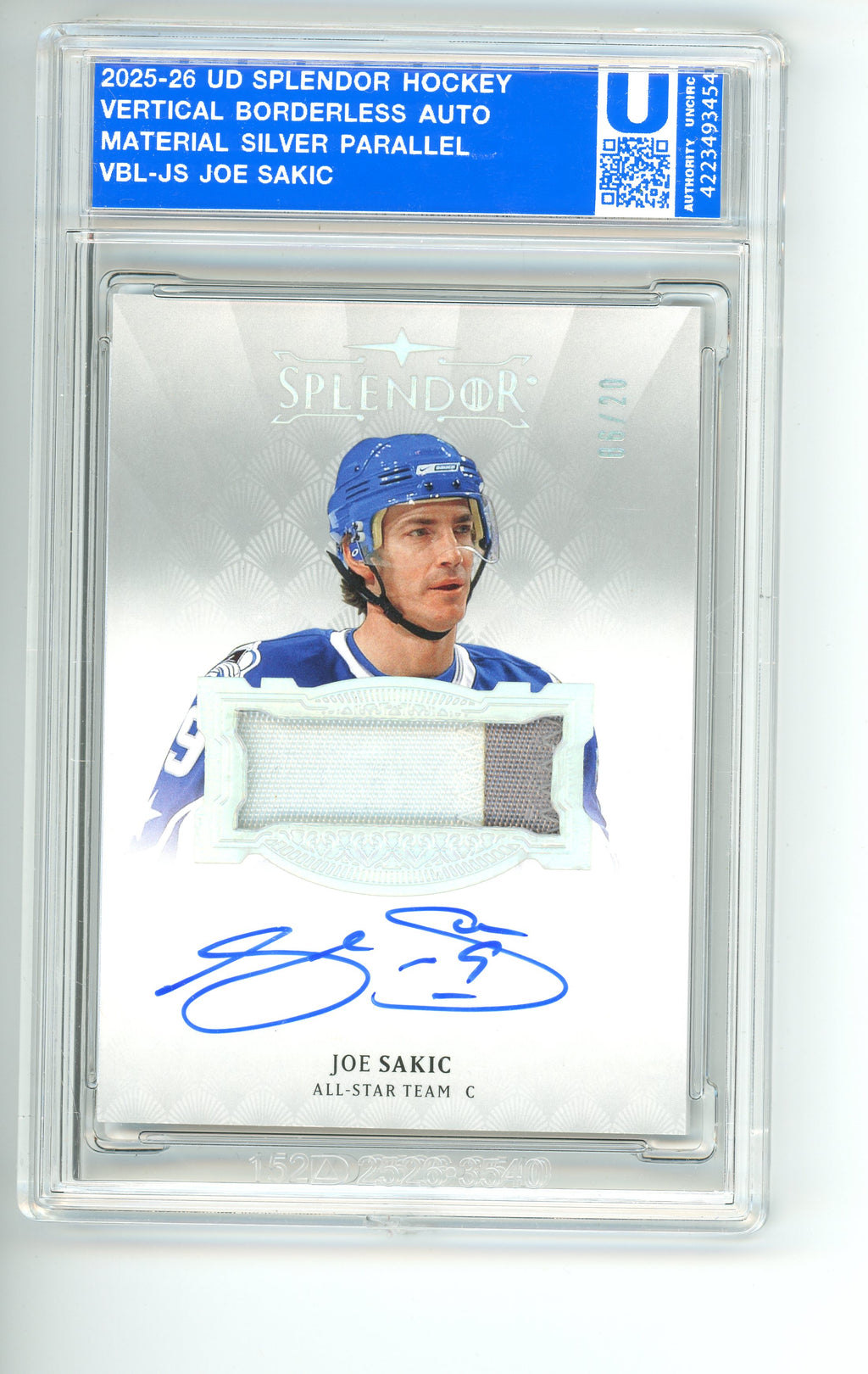 2025/26 UD Splendor Joe Sakic Auto Material Silver /20