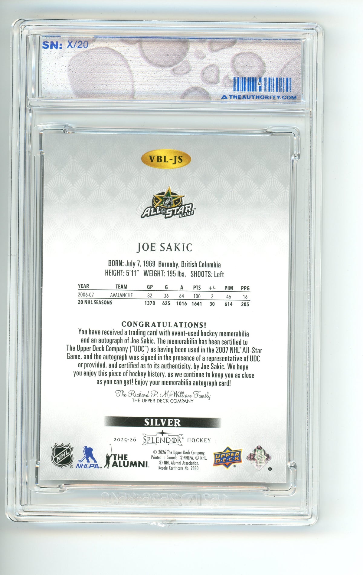 2025/26 UD Splendor Joe Sakic Auto Material Silver /20