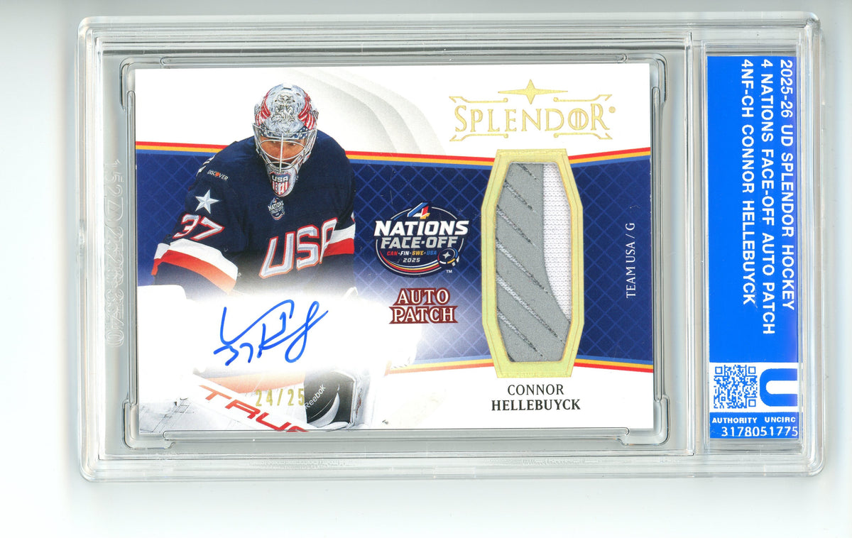 2025/26 UD Splendor 4 Nations Face-Off Auto Patch Connor Hellebuyck /25