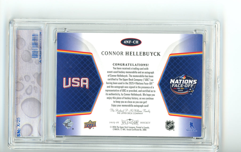 2025/26 UD Splendor 4 Nations Face-Off Auto Patch Connor Hellebuyck /25