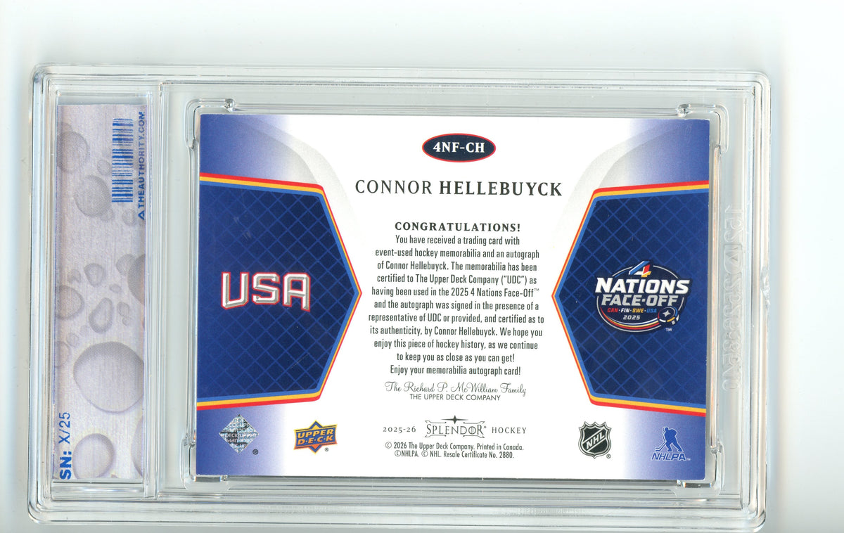 2025/26 UD Splendor 4 Nations Face-Off Auto Patch Connor Hellebuyck /25